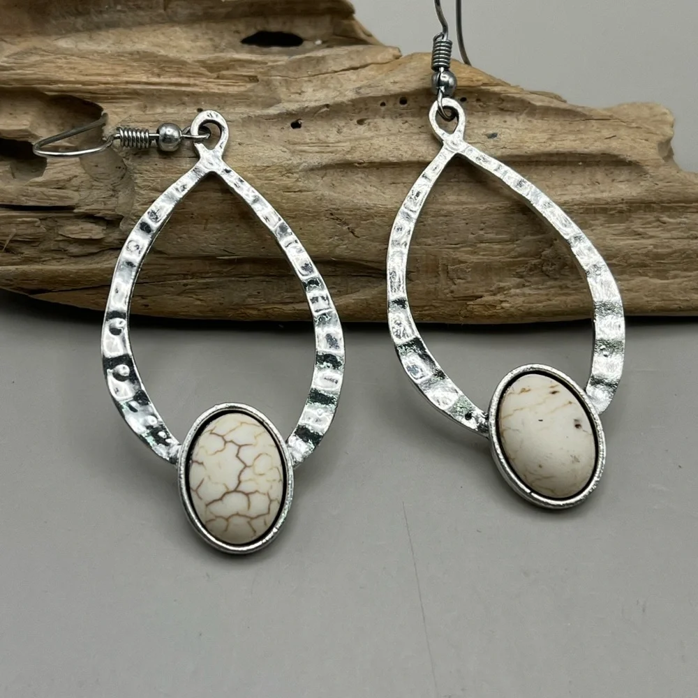 Silver and Beige Teardrop Earrings